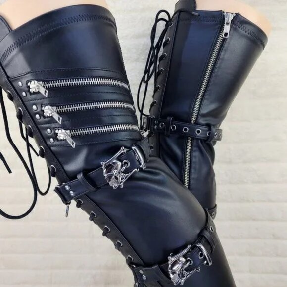 Shaker 420 Black sTRETCH 4.5" Wedge Heel OTK Thigh Boots Skulls Zippers NY DEMON - Picture 10 of 16